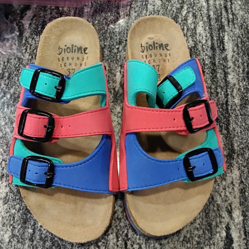 Bioline Floral Slide Sandals Womens 37 Multicolor, Buckle Cork Footbed Shoes